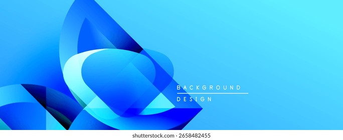 Abstract blue shapes overlap, creating dynamic flow. Gradient shades suggest depth, modern design aesthetic. Background features text elements.