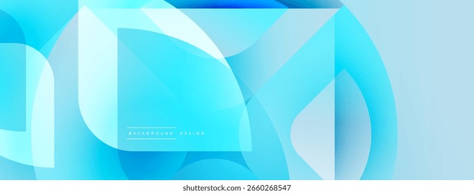 Abstract blue shapes overlap creating dynamic visual effect. Light gradients suggest depth, modern design elements present.