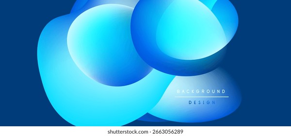 Abstract blue shapes overlap, creating dynamic visual effect. Background features gradient hues, modern design elements.