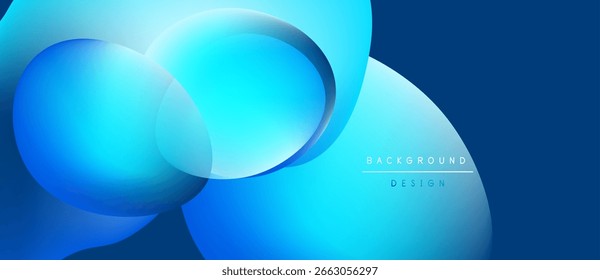 Abstract blue shapes overlap, creating dynamic fluid design. Gradient colors suggest depth, modern aesthetic. Background includes text elements.