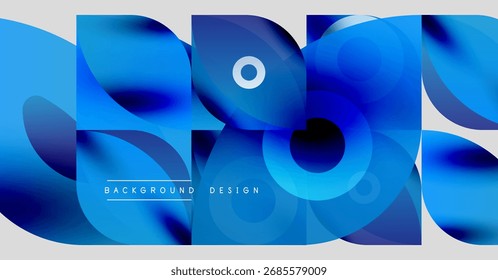 Formas azuis abstratas se sobrepõem, criando um efeito visual dinâmico. Elementos de design modernos sugerem fluidez, profundidade, inovação. Plano de fundo com rótulos de texto.