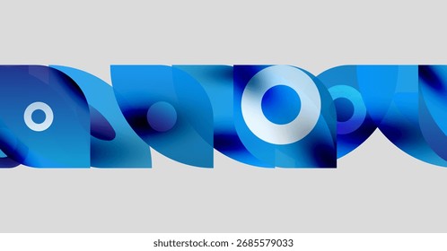 Formas azuis abstratas se sobrepõem, criando um fluxo visual dinâmico. Cores de gradiente sugerem profundidade, design moderno estético.