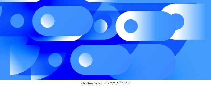 Formas azuis abstratas se sobrepõem, criando composição dinâmica. Círculos, ovais, triângulos formam um design moderno. Matizes de gradiente adicionam profundidade.