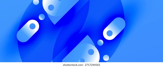 Formas azuis abstratas se sobrepõem, criando composição dinâmica. Gradientes suaves sugerem interação entre profundidade e luz. Elemento de design moderno.