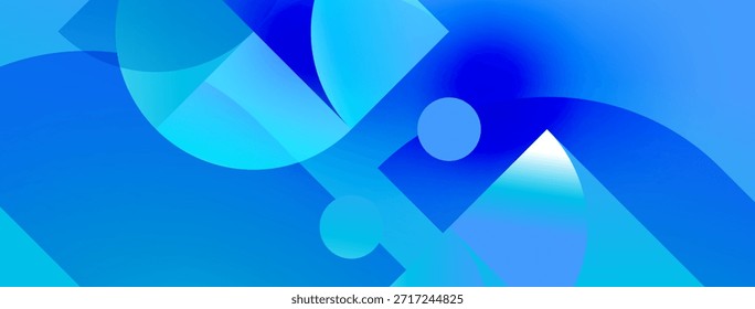 Abstract blue shapes overlap, creating fluid dynamic composition. Light gradients suggest depth, movement, modern aesthetic.