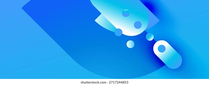 Las Formas azules Abstractas se superponen, creando una composición dinámica. Los tonos degradados sugieren profundidad, estética de diseño moderno. Las curvas suaves dominan el espacio visual.