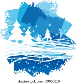 Abstract blue shine background with waves and trees