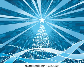 Resumen azul brillante árbol de navidad con estrella. Fondo de la ola de invierno