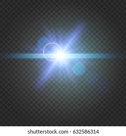 Abstract blue shiny flare on transparent background. Sunshine lens flare effect. Glowing light rays, bokeh, blur and sparkles in glitter bright line. Sun flash with beam and spotlight. Vector EPS10.