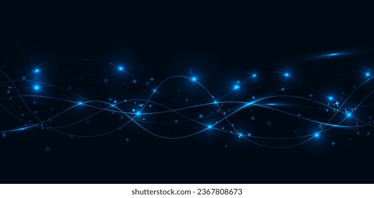 Abstract blue shiny light lines and waves. Light effect of movement with snowflakes and stars. Light everyday glow effect. Vector illustration dark background.