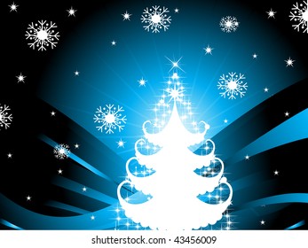 abstract blue shiny rays, stripes background with twinkle star pattern xmas tree