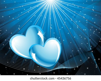 abstract blue shiny rays, wave background with set of romantic heart