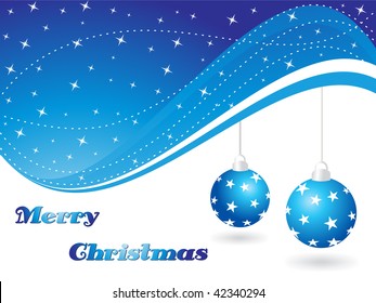 abstract blue shiny star background with hanging christmas ball