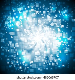 Abstract blue shiny tech background with swirl shape and squares. Vector design