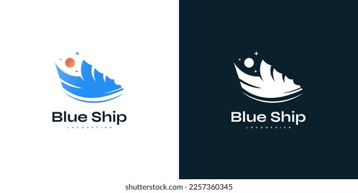 Abstract Blue Ship Logo Design with Sun and Star Elements. Cruise, Yacht, Vessel Logo or Icon