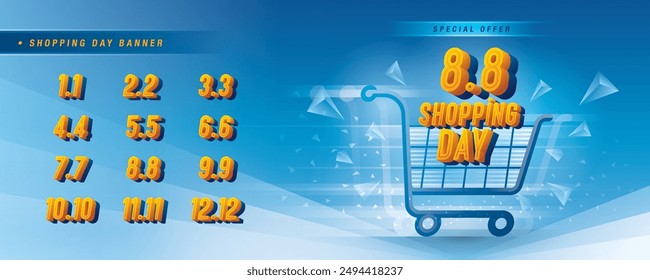 Abstract Blue Shopping Cart labels Sign, Shopping Day Sale Banner Template Design, Shopping Day Sale Promotion of every month, Numbers  2, 3, 4, 5, 6, 7, 8, 9, 10, 11, 12 Condensed Font, Special offer