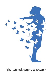 Abstract blue silhouette body of beautiful girl lady woman in dress flying butterflies aspiring forward profile in position with her hands back.Going to happy dream.Flight of freedom.Female person.DIY