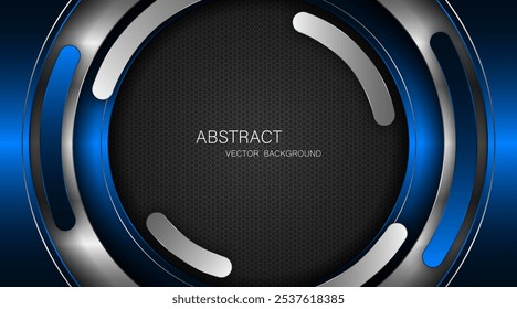 Abstract blue and silver curves with silver lines on dark steel mesh background. with free space for design. modern technology innovation concept background	