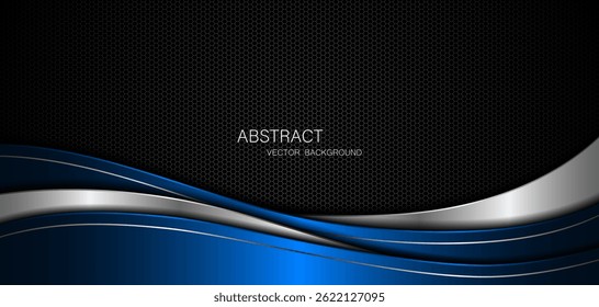 Abstract blue and silver curves with silver lines on dark steel mesh background. with free space for design. modern technology innovation concept background	