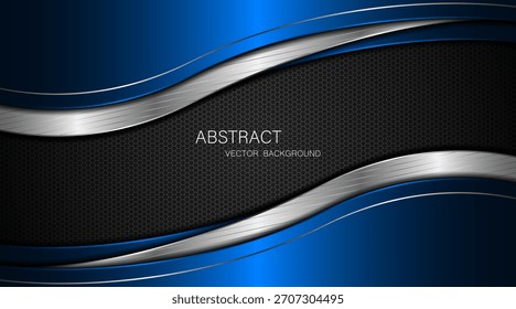 Curvas azuis e prateadas abstratas com linhas prateadas no fundo de malha de aço escuro. com espaço livre para design.	