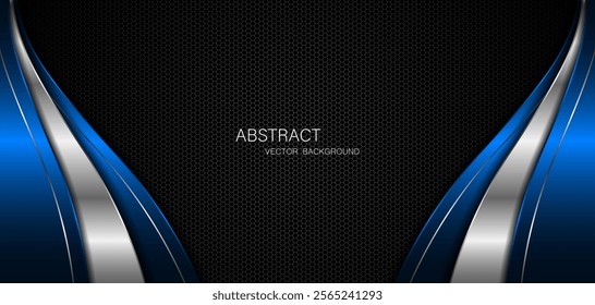 Abstract blue and silver curves on dark steel mesh background. with free space for design. modern technology innovation concept background	