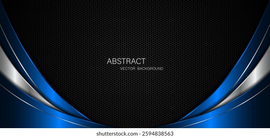 Abstract blue and silver curves on dark steel mesh background. with free space for design. modern technology innovation concept background	