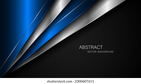 Abstract blue and silver polygons on dark steel mesh background. with free space for design. modern technology innovation concept background	