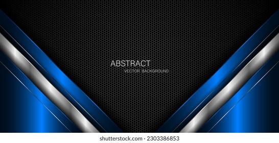 Abstract blue and silver polygons on dark steel mesh background. with free space for design. modern technology innovation concept background
