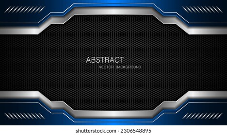 Abstract blue and silver polygons on dark steel mesh background. with free space for design. modern technology innovation concept background
