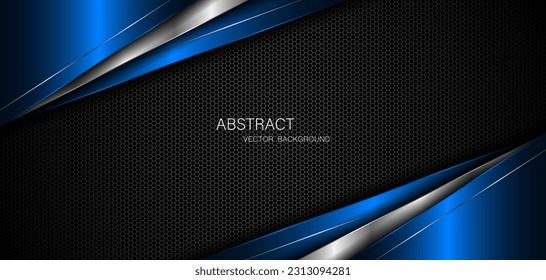 Abstract blue and silver polygons on dark steel mesh background. with free space for design. modern technology innovation concept background	