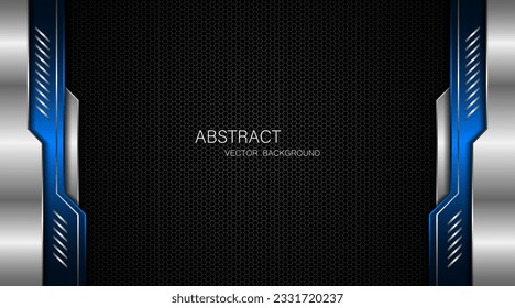 Abstract blue and silver polygons on dark steel mesh background. with free space for design. modern technology innovation concept background	