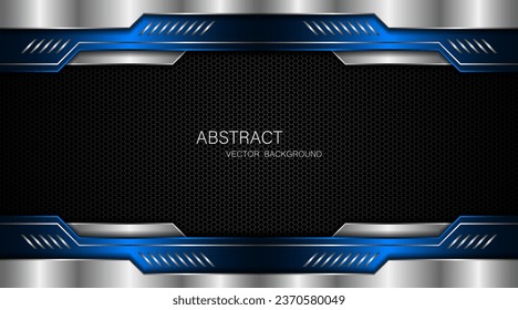 Abstract blue and silver polygons on dark steel mesh background. with free space for design. modern technology innovation concept background