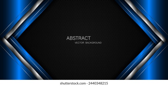 Abstract blue and silver polygons on dark steel mesh background. with free space for design. modern technology innovation concept background