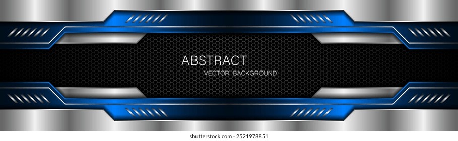 Abstract blue and silver polygons on dark steel mesh background. with free space for design. modern technology innovation concept background