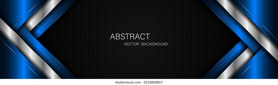Abstract blue and silver polygons on dark steel mesh background. with free space for design. modern technology innovation concept background	
