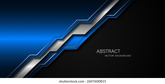 Abstract blue and silver polygons on dark steel mesh background. with free space for design. modern technology innovation concept background	