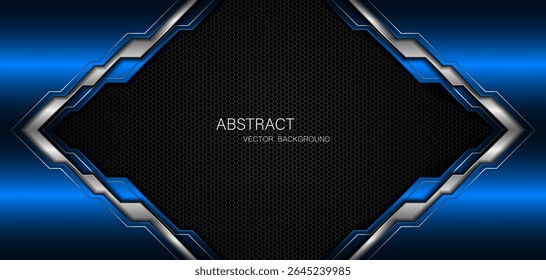 Abstract blue and silver polygons on dark steel mesh background. with free space for design. modern technology innovation concept background	