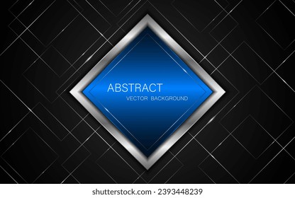 Abstract blue and silver square shape with elegant silver lines on black background.	