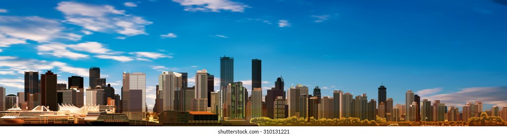 abstract blue sky background with panorama of city