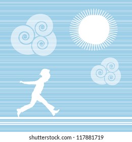 Abstract blue sky background, sun with spiral clouds and young girl running, free spirit nature concept, vector illustration