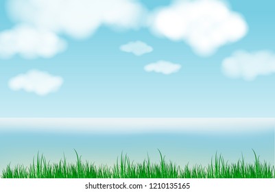 Abstract blue sky blurred gradient background. Nature blurred bokeh sea background Cloud with grass.