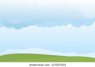 Abstrakter blauer Himmel mit Wolken und grünem Rasen, Vektorgrafik.