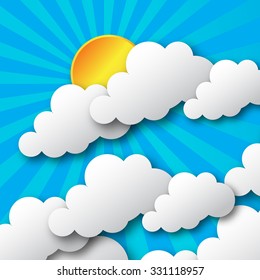 Abstract blue sky with clouds. Papercut style, Cutout design. Sunny-cloudy.
