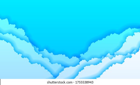Abstract Blue Sky Cloudy Paper Cut Vector Illustration Volumetric Cloudscape Background Banner Template