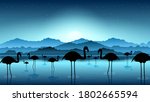 Abstract Blue Sky Gradient Background With Stars Mountains Lake Moon And Flamingo Birds Vector Design Style Nature Landscape