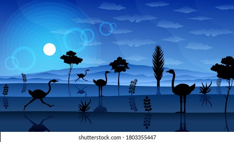 Abstract Blue Sky Gradient Background With Mountains Tree Moon And Ostrich Vector Design Style Nature Landscape
