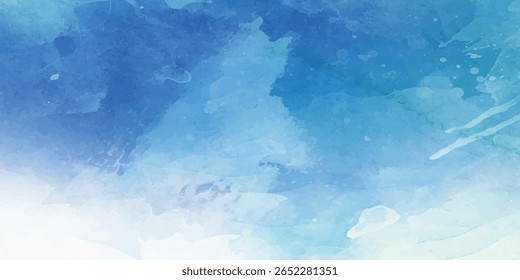 Abstract Blue Sky Watercolor Painting with Soft Clouds for Artistic Background and Digital Texture Illustration. Blue Sky with Soft White Clouds and Gentle Abstract Watercolor Wash Texture for design