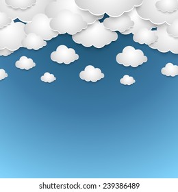 Abstract blue sky with white paper clouds vector background.