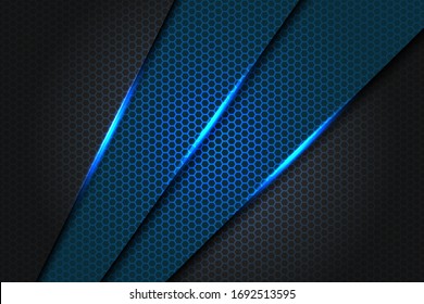 Abstract blue slash triangle metallic on dark grey with hexagon mesh pattern design modern futuristic background texture vector illustration.