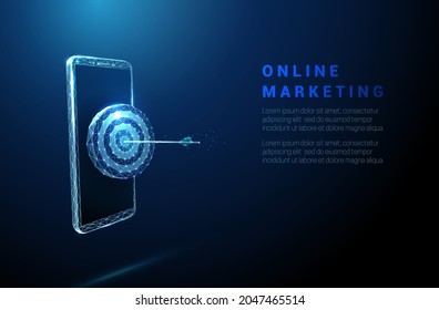 Abstraktes blaues Smartphone mit Dartboard und Pfeil in der Mitte. Online-Marketing-Konzept. Low-Poly-Stil. Geometrisches Breitbild-Lichtverbindungsstruktur. Moderne 3D-Grafik. Vektorgrafik.